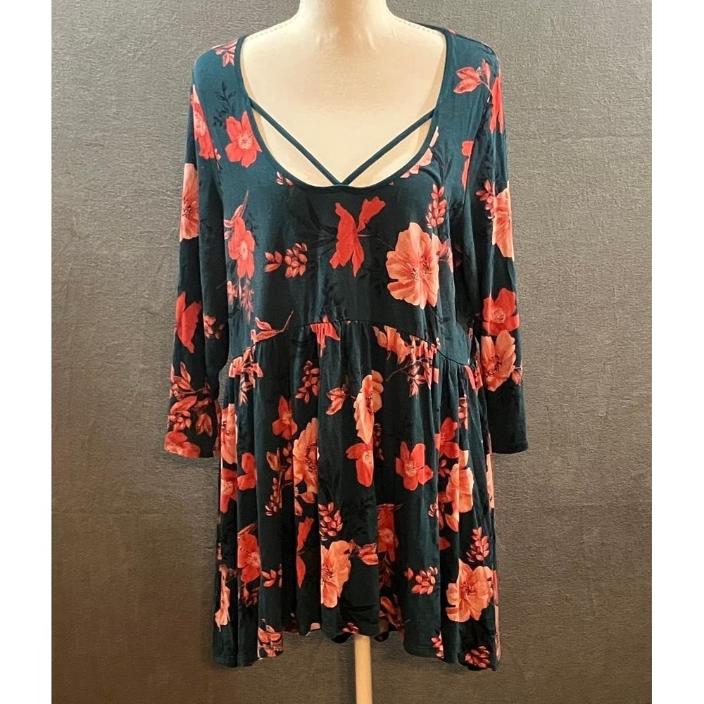 Torrid‎ Babydoll Tunic Top Super Soft Knit Floral Strappy Neck Dark Teal Plus 0
